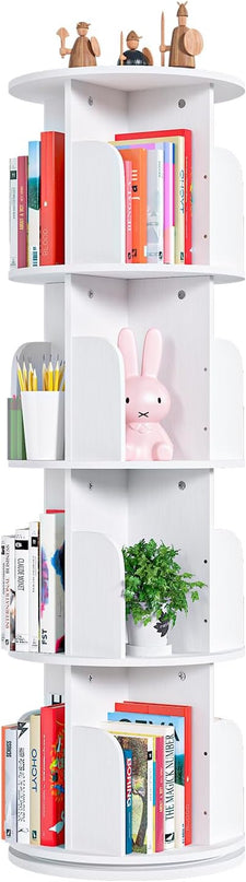 EasyCom 4 Tier Rotating Display Bookshelf Organizer Floor Standing Bookcase Storage Rack- Display Round Bookshelf Swivel Corner Book Shelf- Tall Bookcase for Home Study Office, White - LeafyLoom