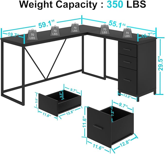 HSH Large Black L Shaped Desk, Corner Wood Computer Desk with Drawer, Modern Work Home Office Desk with Storage Cabinet, Industrial Executive PC Study Writing Desk for Living Bedroom, Black, 59 Inch - LeafyLoom