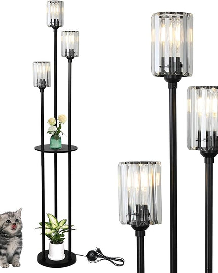 HMVPL Crystal Floor Lamp with Shelves, Modern Floor Lamps for Living Room, 3-Light Standing Lamps with Table, Black Floor Lamp with Crystal Shade, On/Off Foot Switch, Corner Floor Lamp for Bedroom - LeafyLoom