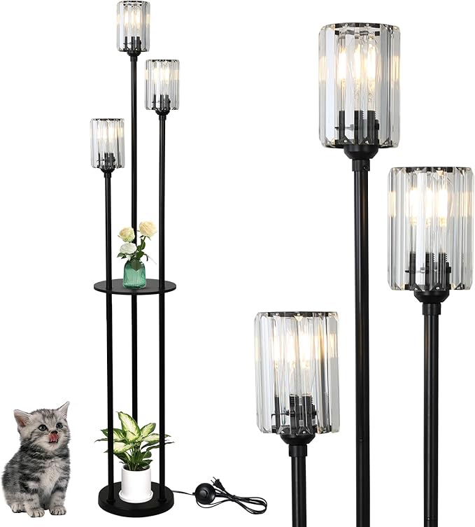 HMVPL Crystal Floor Lamp with Shelves, Modern Floor Lamps for Living Room, 3-Light Standing Lamps with Table, Black Floor Lamp with Crystal Shade, On/Off Foot Switch, Corner Floor Lamp for Bedroom - LeafyLoom