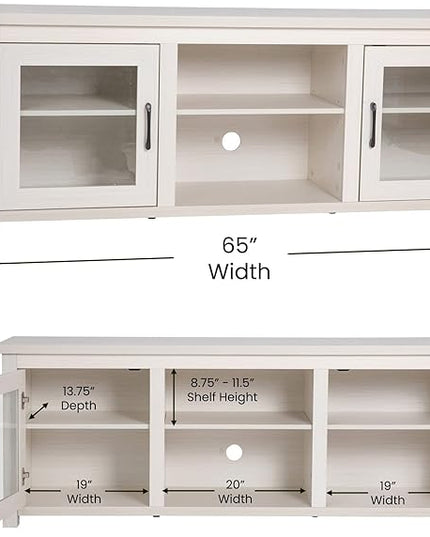 Flash Furniture Sheffield Engineered Wood TV Stand for 80" TVs, Media Console/TV Cabinet with 3 Adjustable Shelves and Glass Doors, White Wash Finish - LeafyLoom