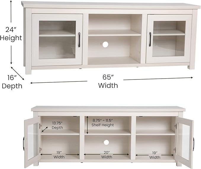 Flash Furniture Sheffield Engineered Wood TV Stand for 80" TVs, Media Console/TV Cabinet with 3 Adjustable Shelves and Glass Doors, White Wash Finish - LeafyLoom