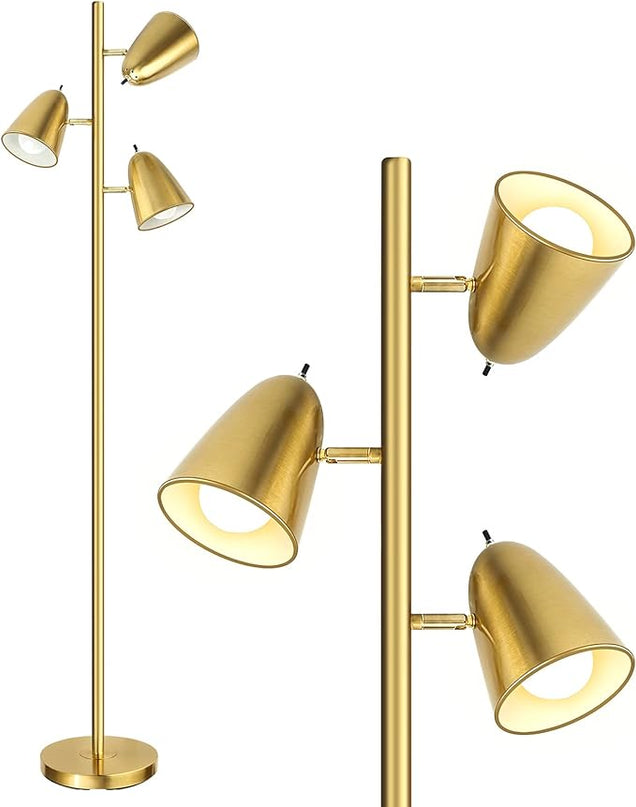 QiMH Tree Floor Lamp with 3 Light Bulbs, Standing Tall Pole Lamps for Living Room Bedroom Office, Reading Stand up Lamps with 3 Adjustable Arms, Brushed Gold - LeafyLoom