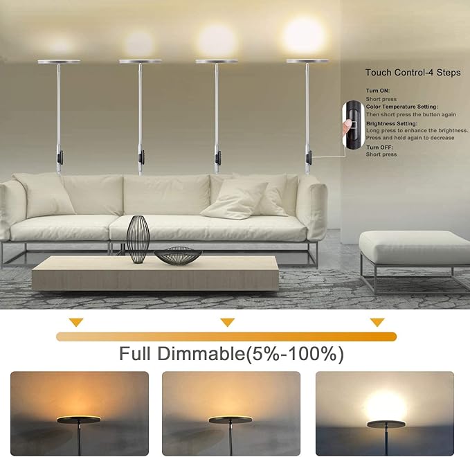 JOOFO Floor Lamp,30W/2400LM Sky LED Modern Torchiere 3 Color Temperatures Super Bright Floor Lamps-Tall Standing Pole Light with Remote & Touch Control for Living Room,Bed Room,Office（Platinum Silver） - LeafyLoom