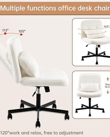 Boucle Criss Cross Armless Home Office Chair with Replaceable Wheels/Fixed Base and Back Support for Living Room, Wide Seat Adjustable Legged Swivel Chair, Comfy Computer Chair for Vanity, White - LeafyLoom