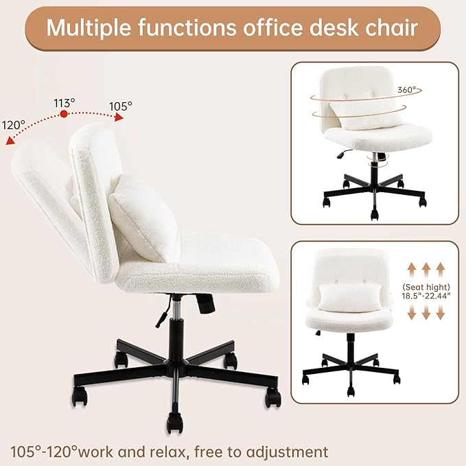 Boucle Criss Cross Armless Home Office Chair with Replaceable Wheels/Fixed Base and Back Support for Living Room, Wide Seat Adjustable Legged Swivel Chair, Comfy Computer Chair for Vanity, White - LeafyLoom
