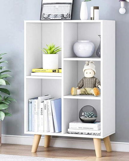 IOTXY Wooden Open Shelf Bookcase - 3-Tier Floor Standing Display Cabinet Rack with Legs, 5 Cubes Bookshelf, Warm White - LeafyLoom
