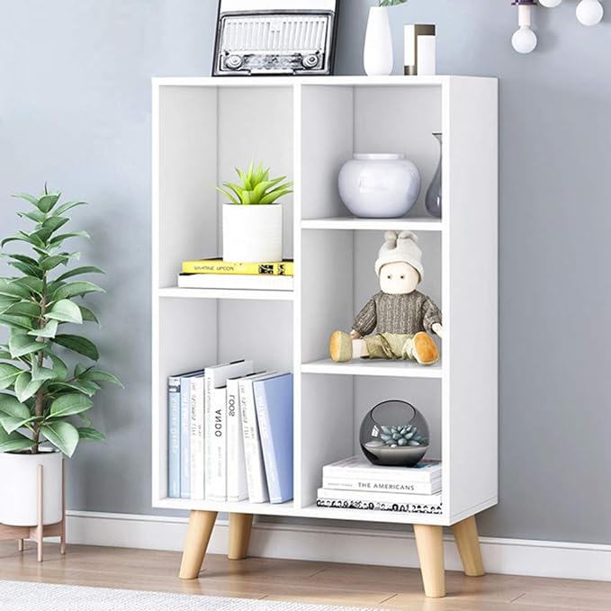 IOTXY Wooden Open Shelf Bookcase - 3-Tier Floor Standing Display Cabinet Rack with Legs, 5 Cubes Bookshelf, Warm White - LeafyLoom