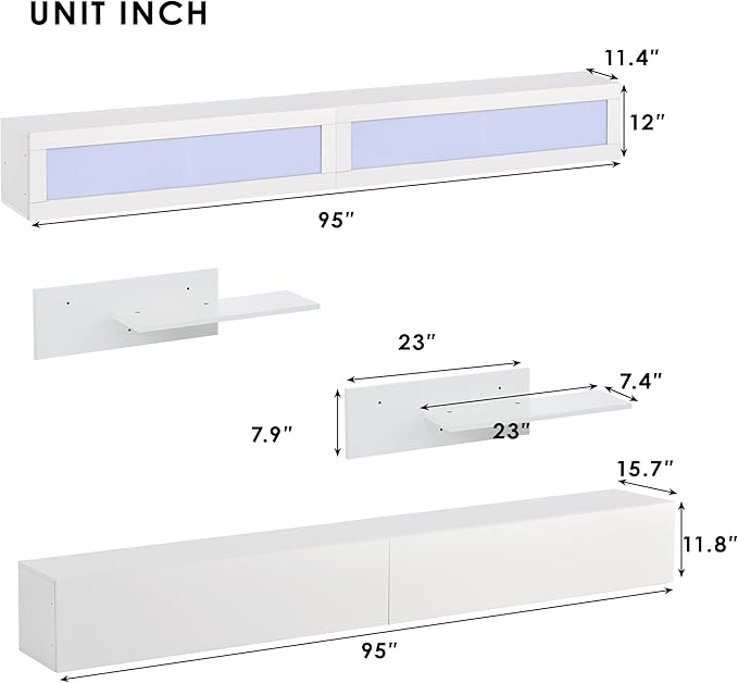 NicBex Wall Mount Floating TV Stand for 95+ Inch TV LED Entertainment Center Media Storage Console Table with 4 Media Storage Cabinets and 2 Shelves for Living Room,Bedroom, 95 Inch,White - LeafyLoom