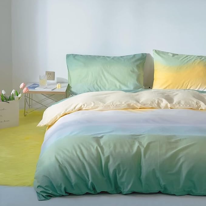 Green Rainbow Comforter Set, 3PCs Cal King, Lightweight Breathable Cotton Blanket Quilt, All Season, Ideal Gift, Durable, Easy Care - LeafyLoom