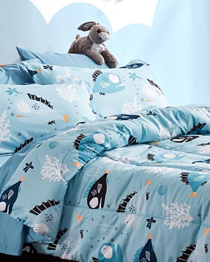 SLEEP ZONE Kids Bedding Comforter Set Full/Queen Size - Super Cute & Soft Kids Bedding 7 Pieces Set with Comforter, Sheet, Pillowcase & Sham (Little Fish) - LeafyLoom