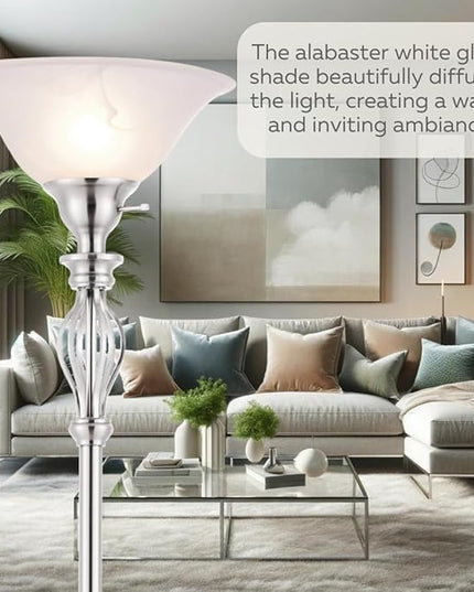 LIGHTACCENTS Silver Floor Lamp for Living Room with White Alabaster Glass Shade - Stand Up Torchiere Lamp - Durable Iron Scrollwork - Brushed Nickel Pole Lamp - Elegant Floor Lamp for Bedrooms - LeafyLoom