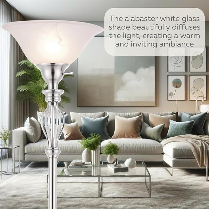 LIGHTACCENTS Silver Floor Lamp for Living Room with White Alabaster Glass Shade - Stand Up Torchiere Lamp - Durable Iron Scrollwork - Brushed Nickel Pole Lamp - Elegant Floor Lamp for Bedrooms - LeafyLoom