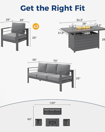 Wisteria Lane Aluminum Patio Furniture Set, 4 Pcs Metal Outdoor Furniture Set with CSA Certified 54in Propane Gas Fire Pit Table, Patio Conversation Set with 5in Olefin Cover Cushions, Dark Grey - LeafyLoom