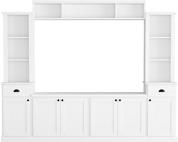 Merax Minimalist Entertainment Wall Unit Set with Bridge Ample Storage Space and Adjustable Shelves, TV Stand for Televisions Up to 75'', Modernist Large Media Console for Living Room, White - LeafyLoom