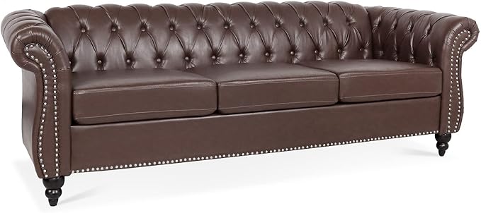 3-Seaters Living Room Clasic Chesterfield Sofa Couch Button Tufted PU Leather Upholstered Sofa&Couch with Luxury Roller Armrest Soild Wood Legs Movable Cushions & Nailhead Decor - LeafyLoom