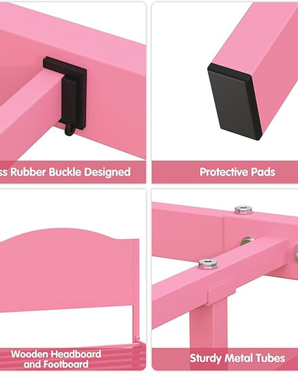 Timy Pink Kids Twin Bed Frame with Wooden Headboard and Footboard, Metal Platform Bed Frame for Boys Girls Teens Adults, Modern Kids Bed Furniture, No Box Spring Needed - LeafyLoom