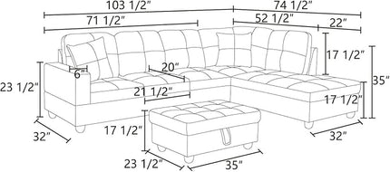 ROOMTEC Modern L Shaped Sectional Sofa Set with Storage Ottoman, Right Facing Chaise Longue, Reversible Backrest w/ 2 Cup Holders, Linen Tufted Cushions, for Living Room, Grey - LeafyLoom