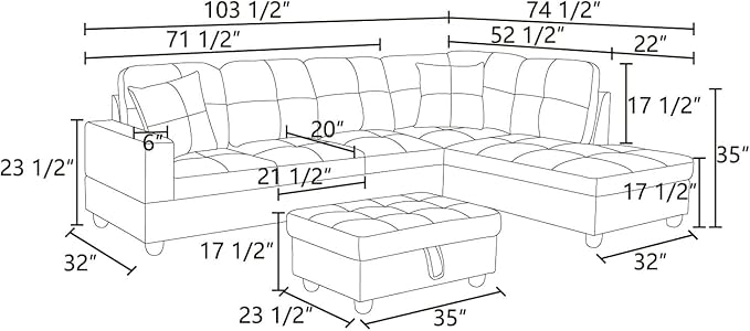 ROOMTEC Modern L Shaped Sectional Sofa Set with Storage Ottoman, Right Facing Chaise Longue, Reversible Backrest w/ 2 Cup Holders, Linen Tufted Cushions, for Living Room, Grey - LeafyLoom
