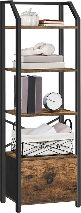 5 Tier Bookshelf, Book Shelf with Removable Drawer, Tall Narrow Bookcase with Shelves, Standing Display Shelf, Storage Organizer, for Bedroom, Home Office, Rustic Brown and Black SJ05BR - LeafyLoom