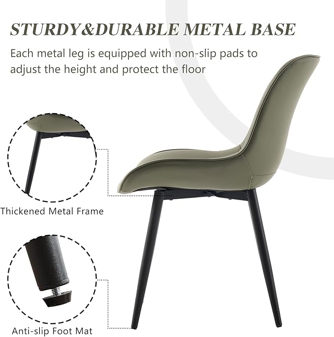 YOUNIKE Olive Green Dining Chairs set of 2 with High Backs Mid Century Modern Kitchen & Dining Room Chairs PU Faux Leather Upholstered sillas de comedor Comfortable Padded Accent Chairs with Metal Leg - LeafyLoom