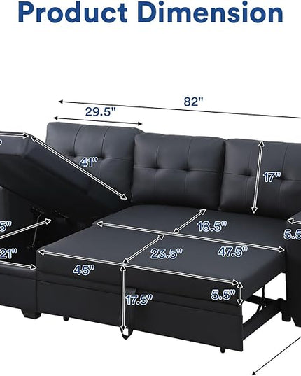 4-in-1 Convertible L Shaped Couch with Pull Out Bed and Storage Sectional Sleeper Sofa with Reversible Chaise for Living Room, Apartment, Bedroom, Office, Jet Black - LeafyLoom