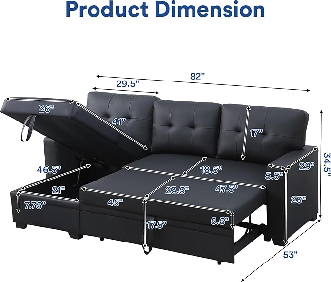 4-in-1 Convertible L Shaped Couch with Pull Out Bed and Storage Sectional Sleeper Sofa with Reversible Chaise for Living Room, Apartment, Bedroom, Office, Jet Black - LeafyLoom