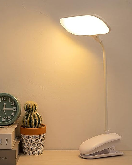 LED Desk Lamp with Clamp, Eye-Caring Clip on Lights for Home Office, 3000mAh Rechargeable Battery Operated Table Lamps,3 Lighting Modes & Brightness Dimmer Light for Kids Students - LeafyLoom