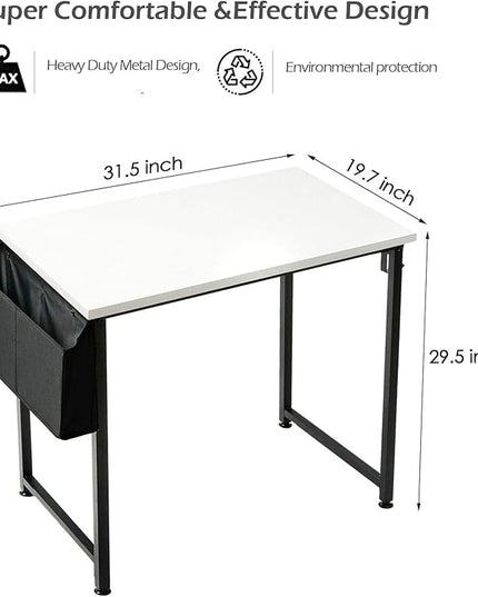 Lufeiya Small Computer Desk White Writing Table for Home Office Small Spaces 31 Inch Modern Student Study Laptop PC Writing Desks with Storage Bag Headphone Hook, White Black - LeafyLoom
