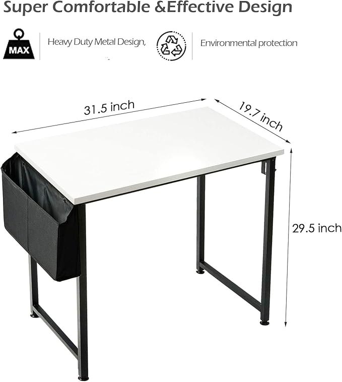 Lufeiya Small Computer Desk White Writing Table for Home Office Small Spaces 31 Inch Modern Student Study Laptop PC Writing Desks with Storage Bag Headphone Hook, White Black - LeafyLoom