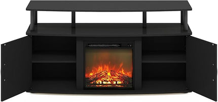Furinno Jensen Living Room Fireplace TV Entertainment Center with Doors Storage Cabinet for TV up to 55 Inch, Americano/Black - LeafyLoom
