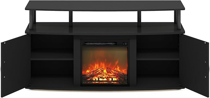 Furinno Jensen Living Room Fireplace TV Entertainment Center with Doors Storage Cabinet for TV up to 55 Inch, Americano/Black - LeafyLoom