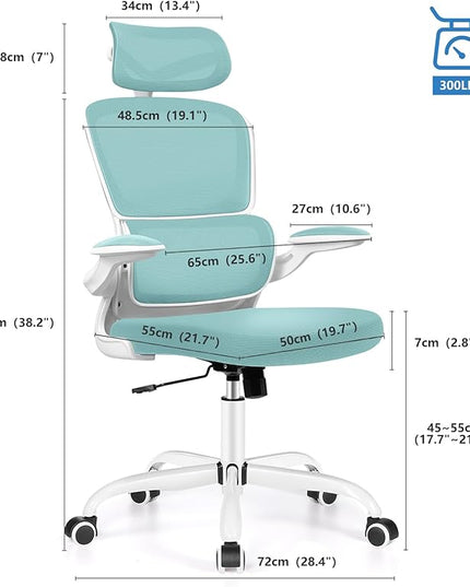 Ergonomic Office Chair, High Back Mesh Desk Chair with Lumbar Support and Adjustable Headrest, Computer Gaming Chair with Flip-up Armrests, Executive Swivel Chair for Home Office (MintGreen) - LeafyLoom
