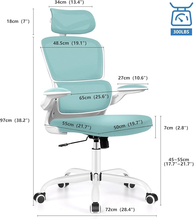 Ergonomic Office Chair, High Back Mesh Desk Chair with Lumbar Support and Adjustable Headrest, Computer Gaming Chair with Flip-up Armrests, Executive Swivel Chair for Home Office (MintGreen) - LeafyLoom