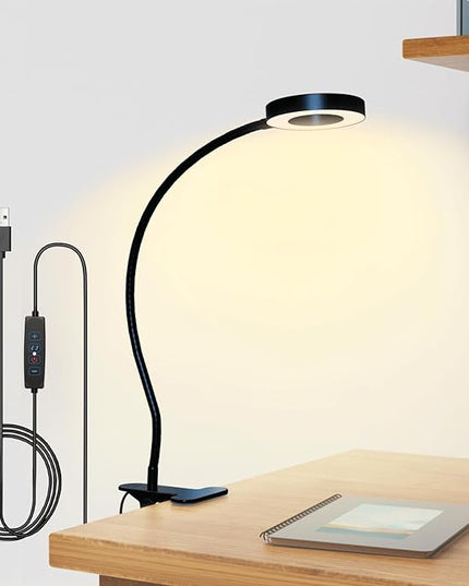 Clip on Desk Lamp with Clamp for Reading Home Office, 360° Ajustable Clip Light for Bed Headboard, Bedside or Desk with 10 Dimmable Brightness 3 Eye-Care Color Modes - LeafyLoom