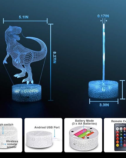 LETOUR Night Light for Kids Dinosaur 3D Night Light Porpoise Illusion Lamp with Remote Control 16 Color Changing Xmas Halloween Birthday Gift for Child Baby Boy (Remote - Ice Crack Base) - LeafyLoom