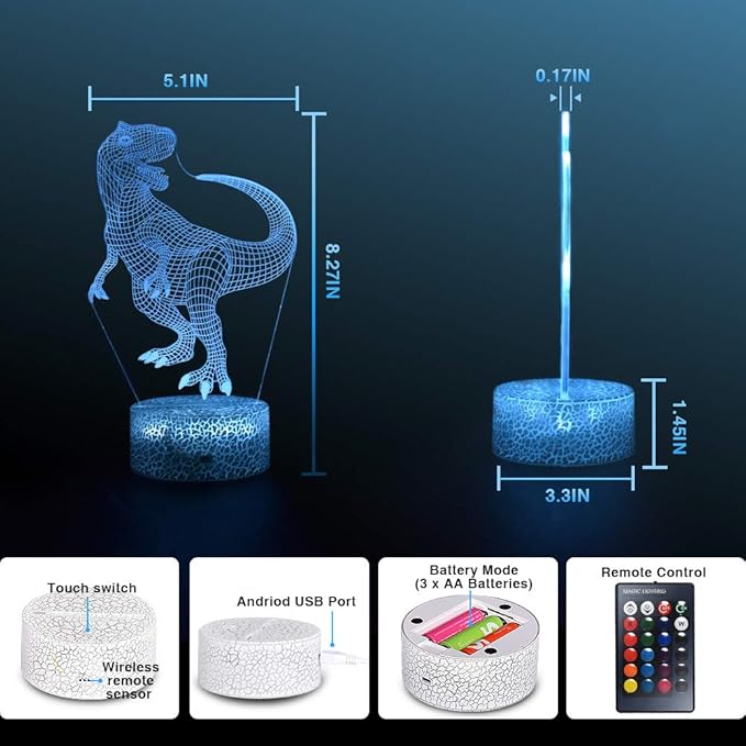 LETOUR Night Light for Kids Dinosaur 3D Night Light Porpoise Illusion Lamp with Remote Control 16 Color Changing Xmas Halloween Birthday Gift for Child Baby Boy (Remote - Ice Crack Base) - LeafyLoom