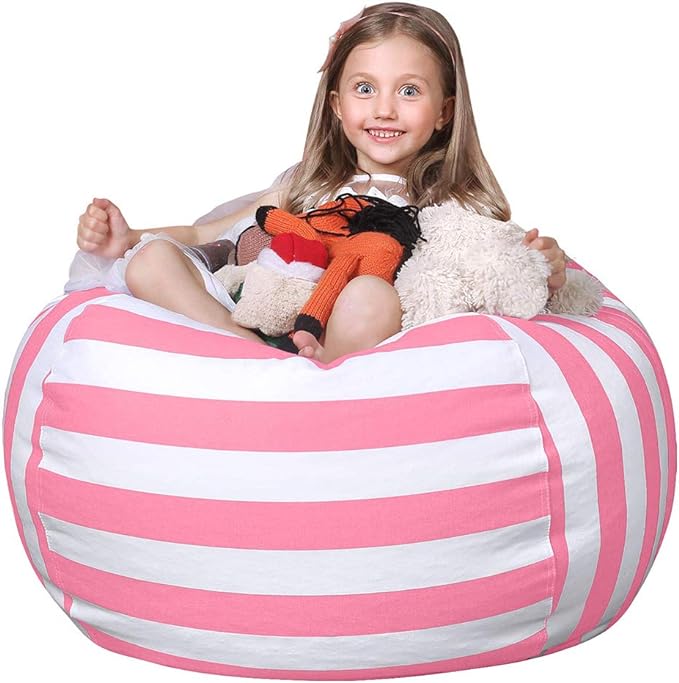 Wekapo Stuffed Animal Storage Bean Bag Chair Cover for Kids | Stuffable Zipper Beanbag for Organizing Children Plush Toys Large Premium Cotton Canvas (Pink, X-Large) - LeafyLoom