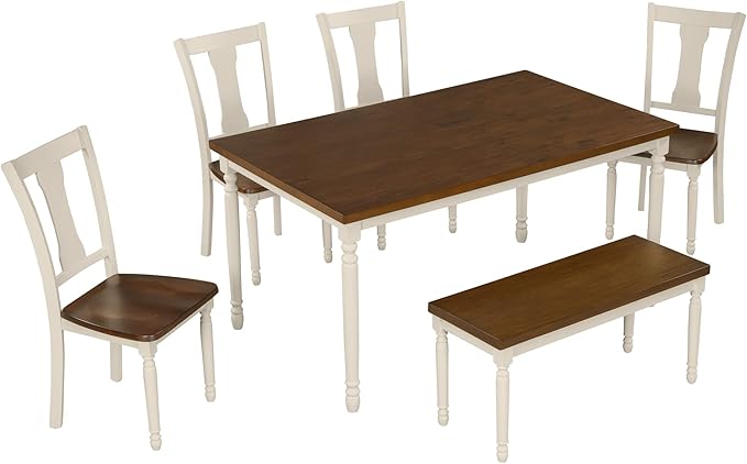 Classic Farmhouse 6-Piece Dining, Wooden Table and Chairs Set with Bench for Kitchen Living Room, Ideal for Heartwarming Family Gatherings, Brown+Cottage White - LeafyLoom