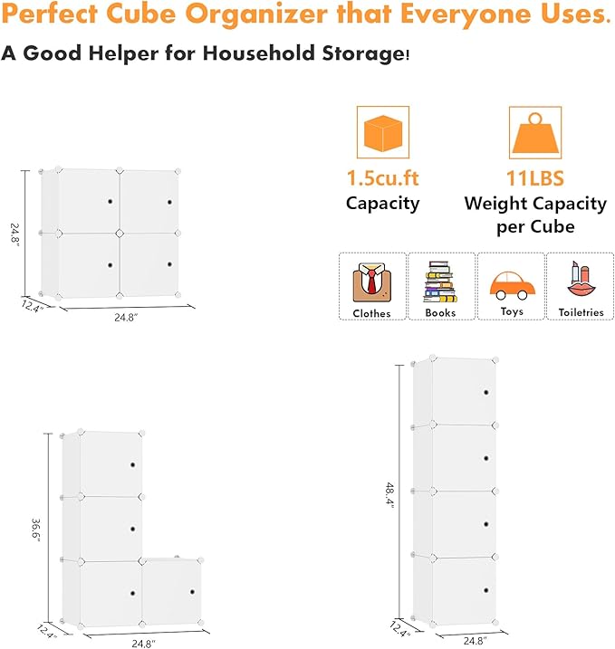 C&AHOME Cube Storage Organizer with Doors, 4-Cube Shelves, Closet Cabinet, DIY Plastic Modular Bookshelf Ideal for Bedroom, Living Room, 24.8" L x 12.4" W x 24.8" H Milky USHS04M-DOOR - LeafyLoom