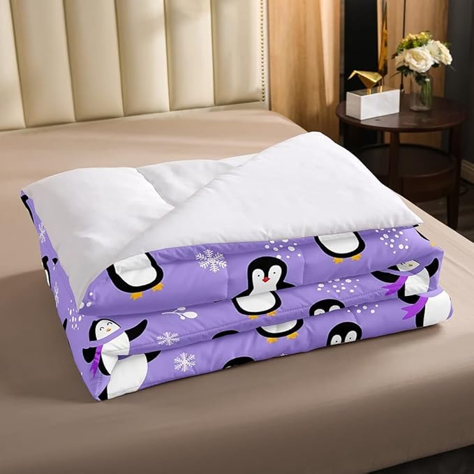 Penguin Comforter Set King Size Kawaii Penguin Down Comforter Antarctic Animal Bedding Set for Kids Boys Girls Teens Cartoon Cute Winter Quilt Set Snowflake Pattern Duvet Set Room Decor, Purple - LeafyLoom