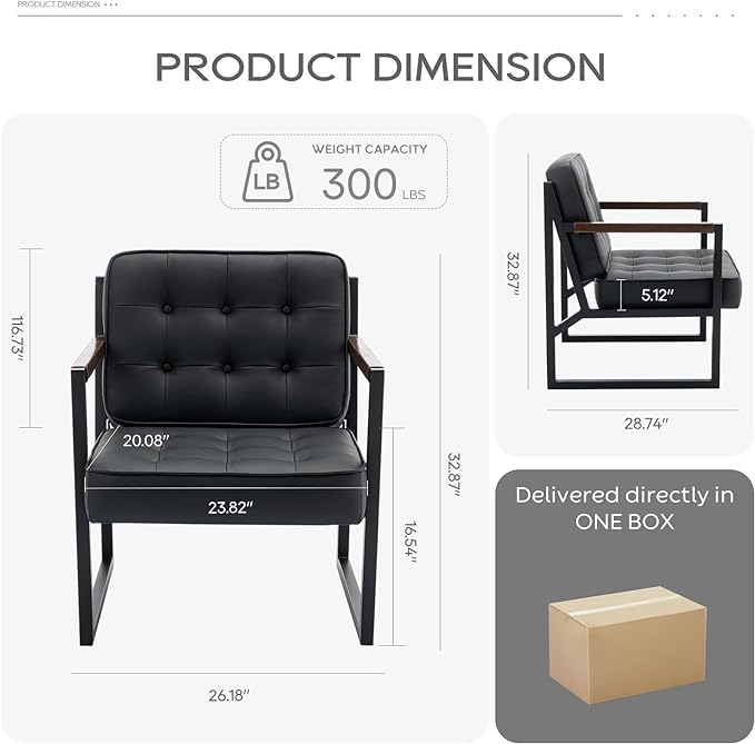 COLAMY Modern Black Leather Accent Chair, Comfy Living Room Chairs, Faux Leather Reception Armchair with Metal Legs for Living Room Bedroom Reception Waiting Room, Black - LeafyLoom