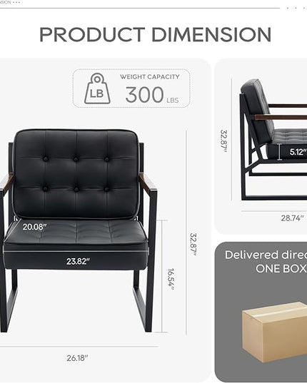 COLAMY Mid Century Modern Accent Chair Set of 2, Comfy Living Room Chair, Black Leather Accent Chair, Faux Leather Reception Armchair with Metal Legs for Living Room Bedroom Reception Office, Black - LeafyLoom