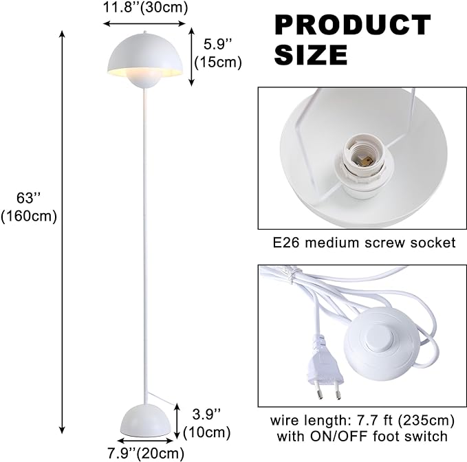 Modern Floor Lamp for Bedroom, 63'' Industrial Corner Floor Lamp for Living Room, Metal Arched Shade Tall Standing Lamp for Office, Reflecting Light Reading Floor Lamp, White - LeafyLoom