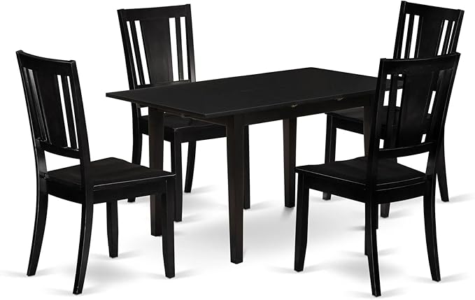 East West Furniture Norfolk 5 Piece Kitchen Set includes a Rectangle Table with Butterfly Leaf and 4 Dining Room Chairs, 32x54 Inch, NODU5-BLK-W - LeafyLoom