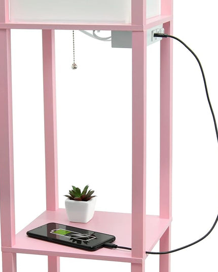 Simple Designs LF1037-LPK Floor Lamp Etagere Organizer Storage Shelf with 2 USB Charging Ports, 1 Charging Outlet and Linen Shade, Light Pink - LeafyLoom