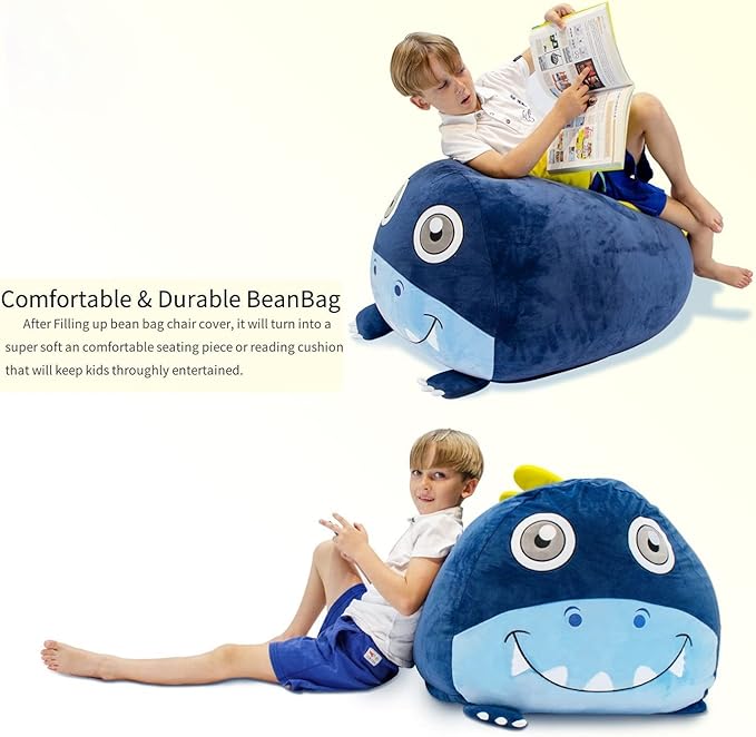 Dinosaur Bean Bag Chairs for Boys Room Decorations, Stuffed Animal Storage, Velvet Fabric Super Soft Large Size Cover Only - LeafyLoom