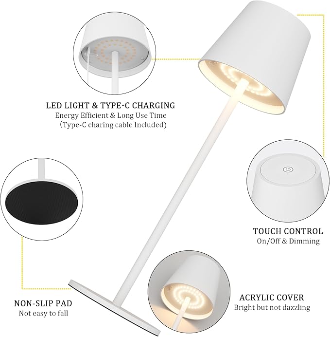 2 Pack Dimmable Table Lamp 3000k Warm White, IP54 Wireless Bottle Lamp for Indoor and Outdoor, 5000 mAh Rechargeable Table Lamp for Family, Restaurant & Bar(White) - LeafyLoom