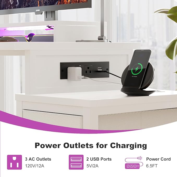 Small Gaming Desk with 2 Fabric Drawers - Reversible Computer Desk with Power Outlet & LED Lights, 49" Office Desk with Monitor Stand & Storage Shelves, Writing Study Table with Pegboard, White - LeafyLoom