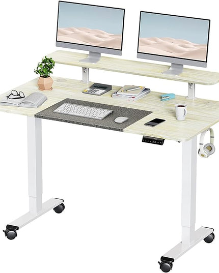 WOKA 55 x 28 Inch Electric Standing Desk with Wheels, Height Adjustable Stand up Desk with a Monitor Stand Riser, Standing Computer Desk with Memory Controllers, Adjustable Desks for Home Office - LeafyLoom